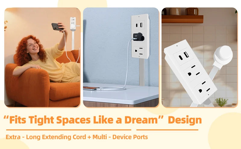 Electrical Wall Plug Rotates Electrical Outlet Extender Adjustable Length Power Outlets Extender Power Socket for NightStand