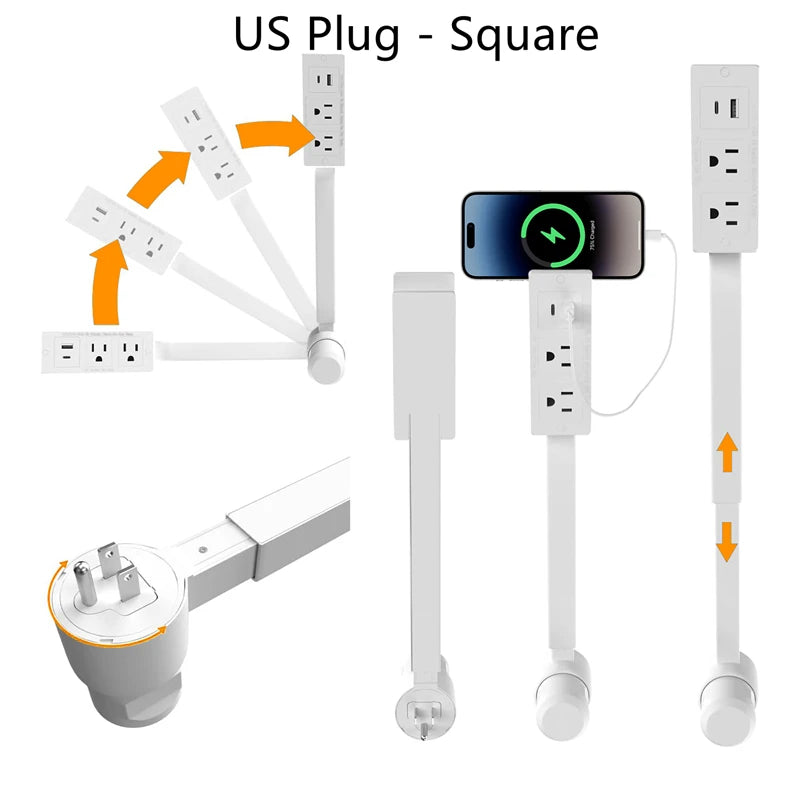 Electrical Wall Plug Rotates Electrical Outlet Extender Adjustable Length Power Outlets Extender Power Socket for NightStand