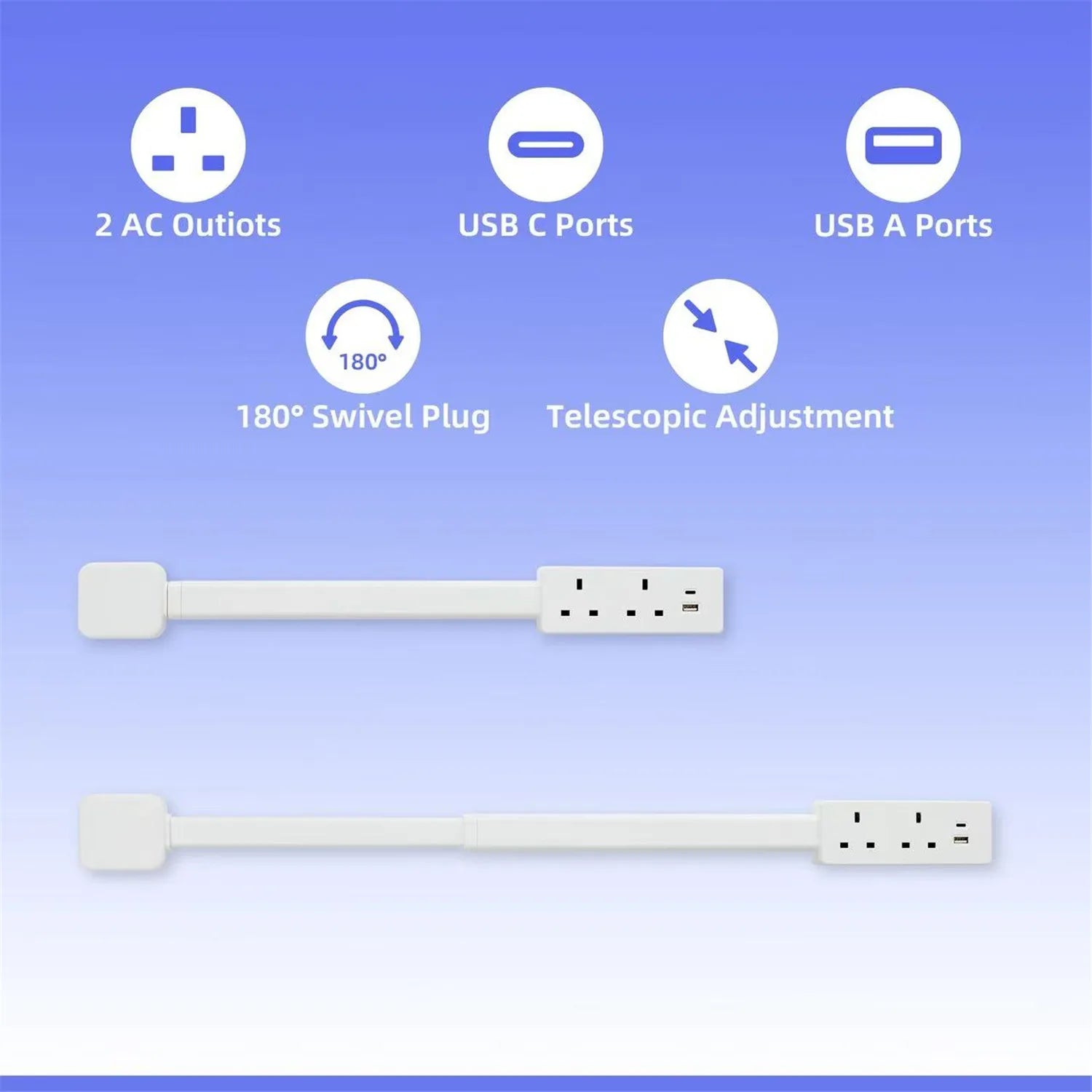 New Rotatable Electrical Wall Plug Extender with Adjustable Length Multi-Outlet Power Socket Adapter Space-Saving