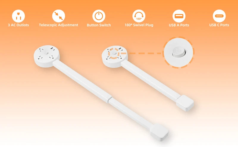 Electrical Wall Plug Rotates Electrical Outlet Extender Adjustable Length Power Outlets Extender Power Socket for NightStand