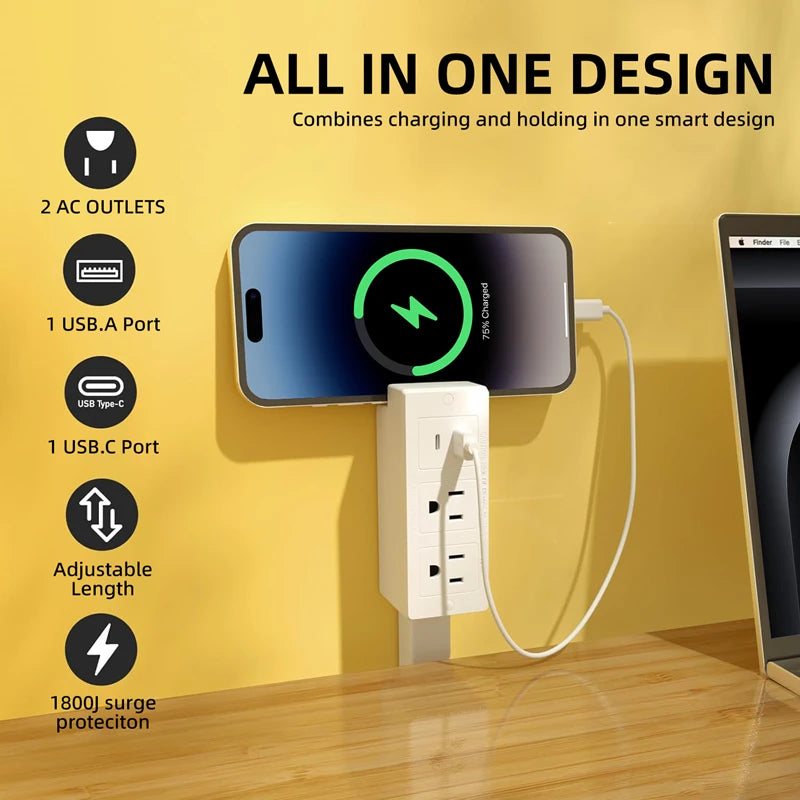 Electrical Wall Plug Rotates Electrical Outlet Extender Adjustable Length Power Outlets Extender Power Socket for NightStand