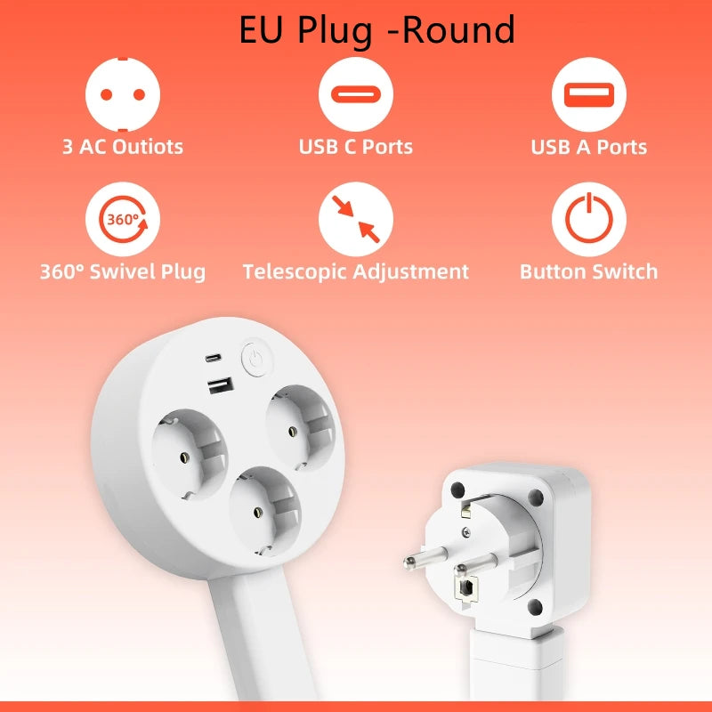Electrical Wall Plug Rotates Electrical Outlet Extender Adjustable Length Power Outlets Extender Power Socket for NightStand