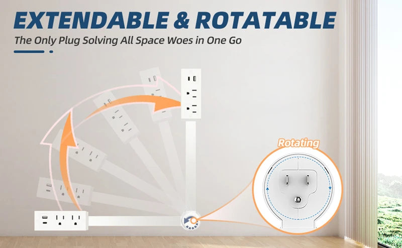 Electrical Wall Plug Rotates Electrical Outlet Extender Adjustable Length Power Outlets Extender Power Socket for NightStand