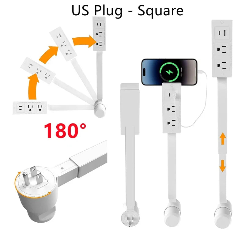 Electrical Wall Plug Rotates Electrical Outlet Extender Adjustable Length Power Outlets Extender Power Socket for NightStand