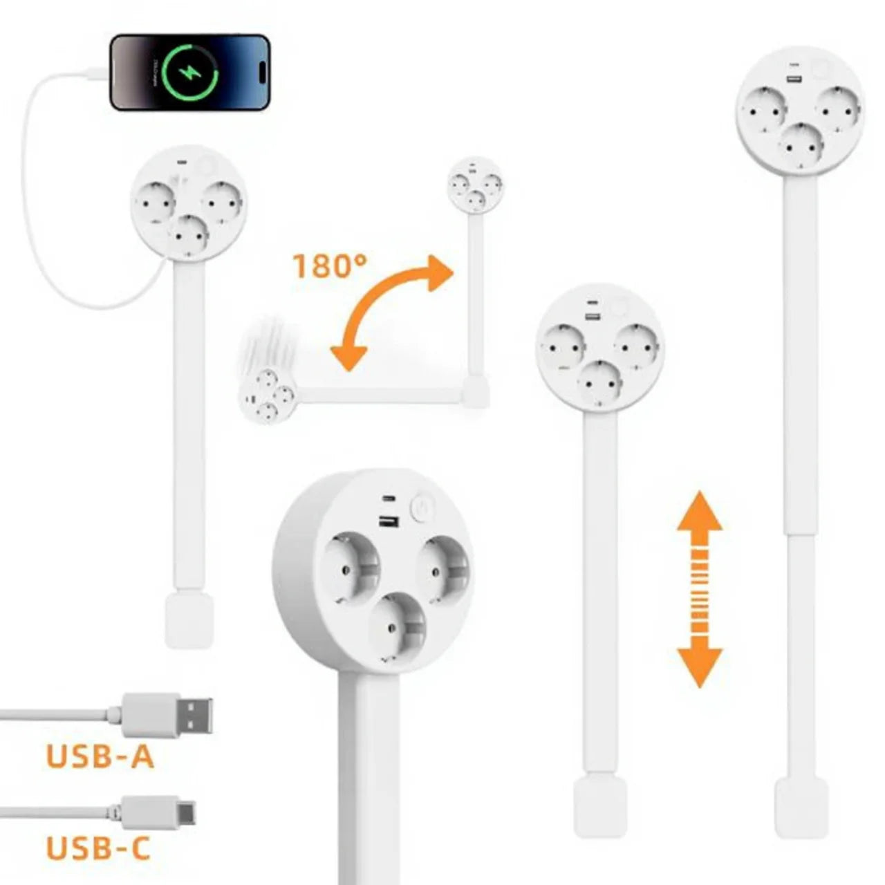 New Rotatable Electrical Wall Plug Extender with Adjustable Length Multi-Outlet Power Socket Adapter Space-Saving