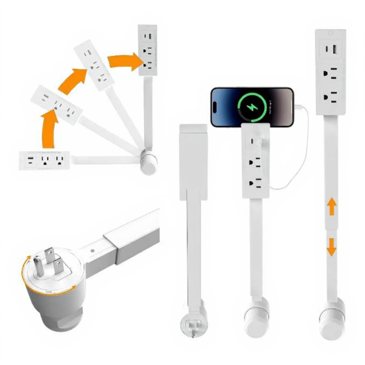 New Rotatable Electrical Wall Plug Extender with Adjustable Length Multi-Outlet Power Socket Adapter Space-Saving