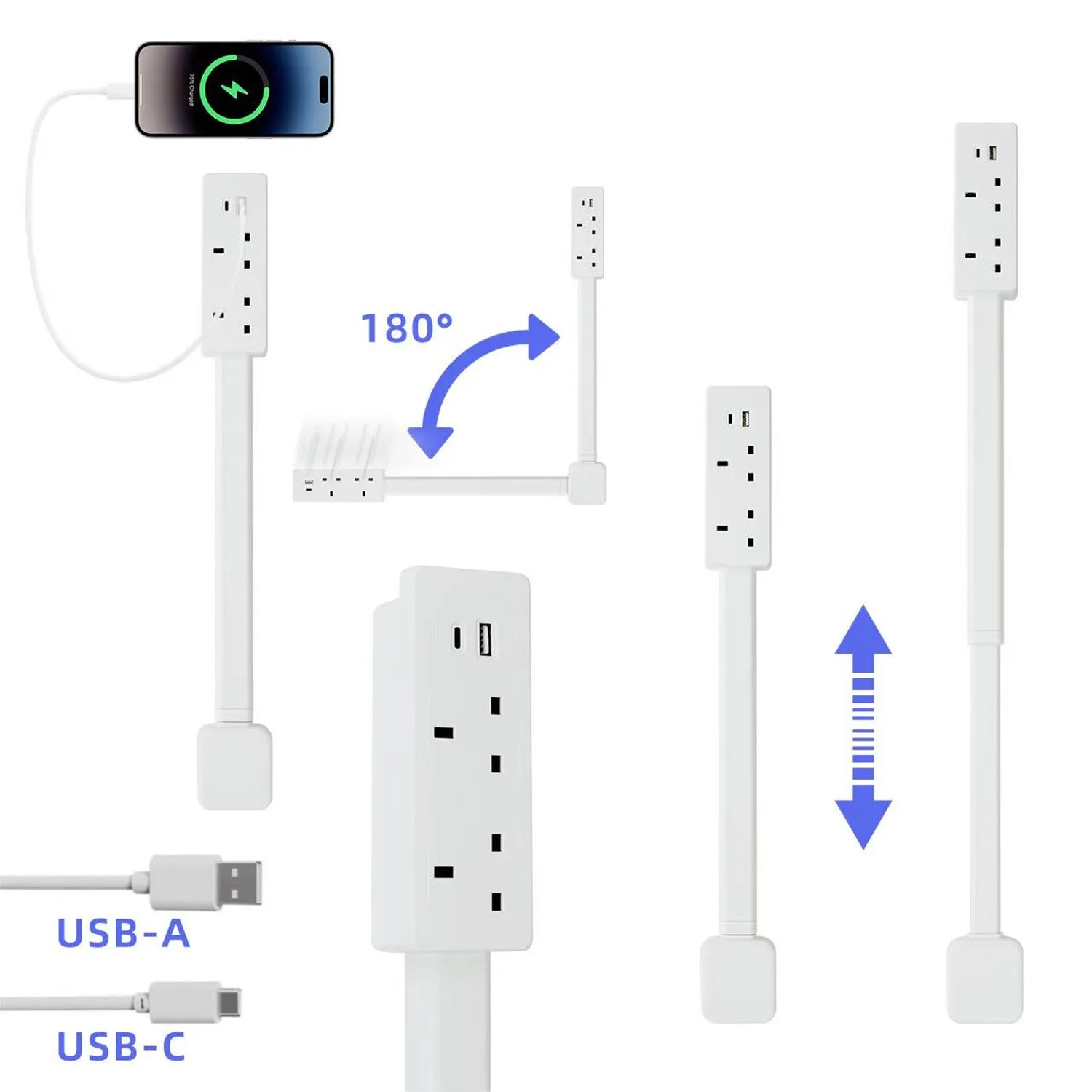New Rotatable Electrical Wall Plug Extender with Adjustable Length Multi-Outlet Power Socket Adapter Space-Saving